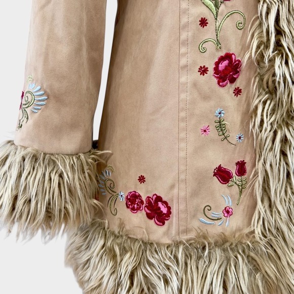 Vintage 90's H&M Tan Faux Suede Embroidered Faux Fur Jacket Coat Size 9/10Y - Picture 3 of 12